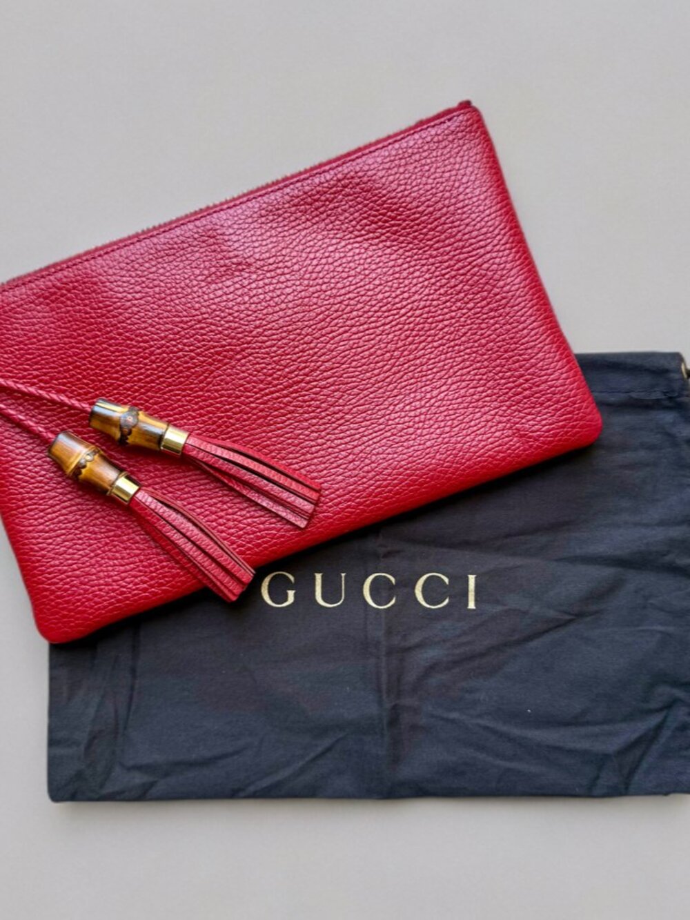 Gucci Red Leather Bamboo Tassel Zip Pouch Clutch